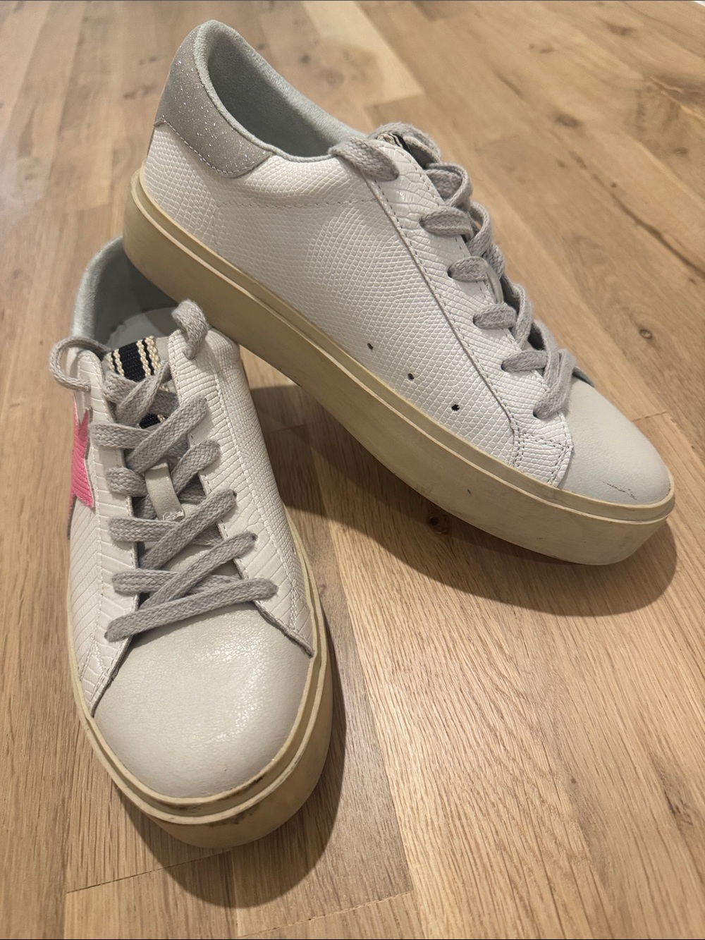 ShuShop White Platform Sneakers with Gray Laces and Pink Side Accent